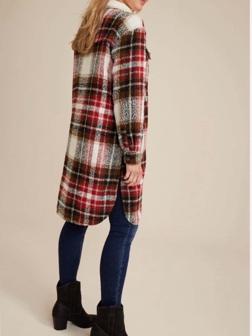 Maurice’s Plaid Longline Shacket in Red and Brown